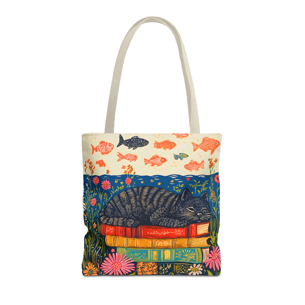 LELORESTORE Sleeping Black Cat Book Tote Bag 13in Floral Bookish Design