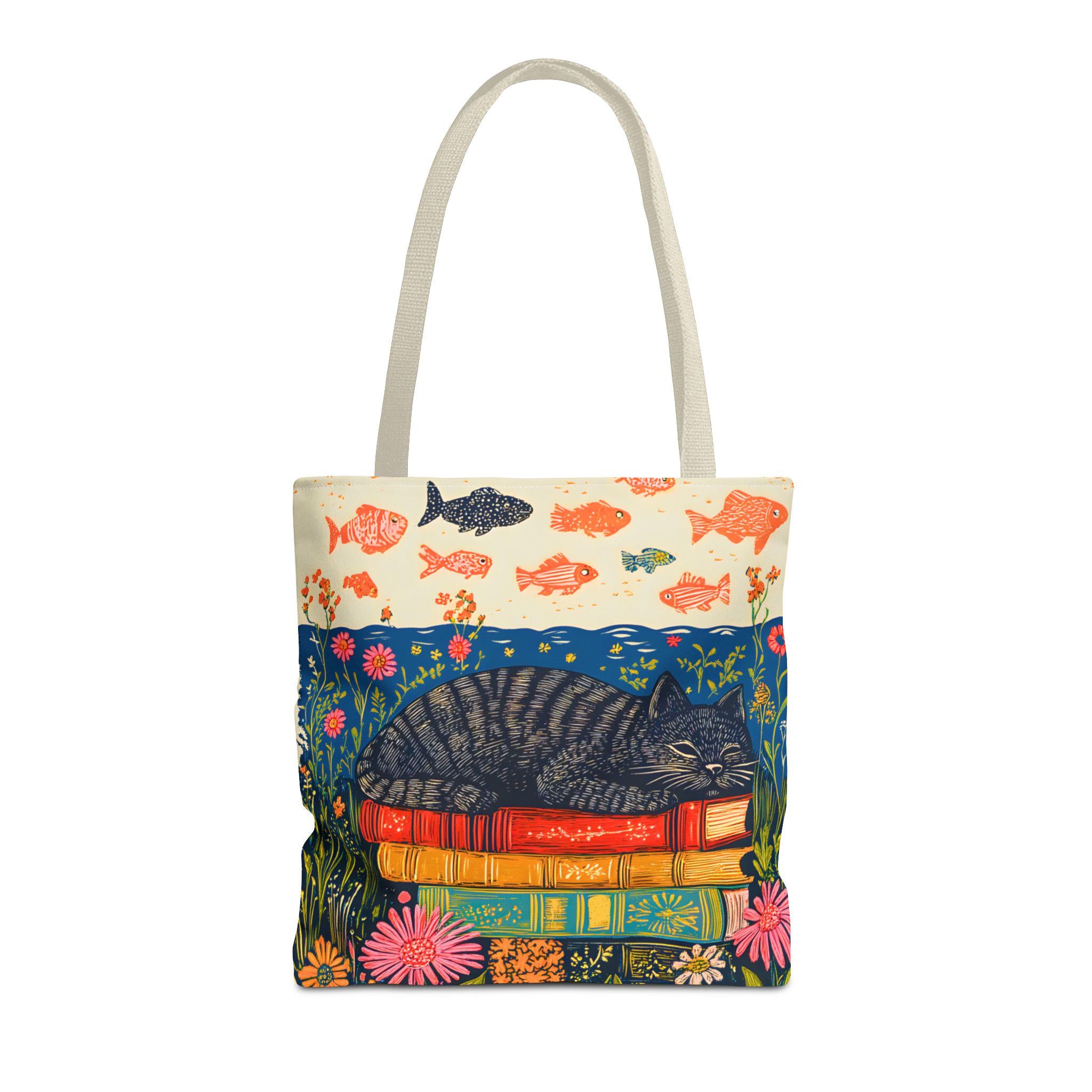 LELORESTORE Sleeping Black Cat Book Tote Bag 13in Floral Bookish Design