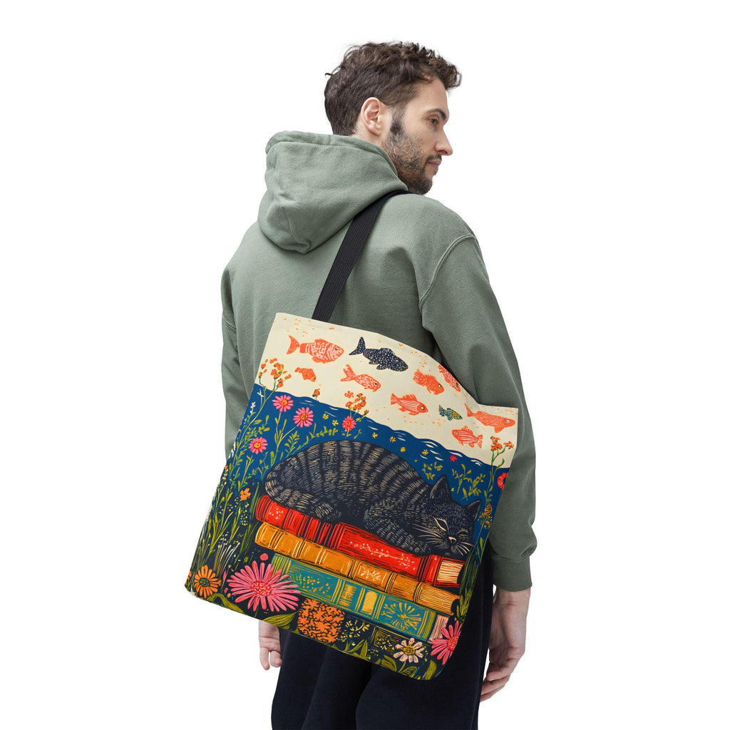LELORESTORE Sleeping Black Cat Book Tote Bag 13in Floral Bookish Design