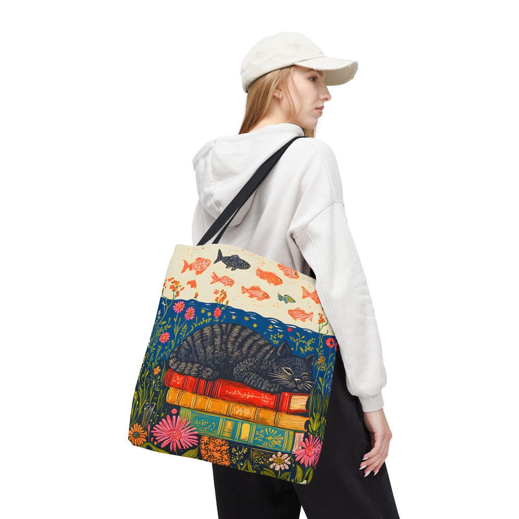 LELORESTORE Sleeping Black Cat Book Tote Bag 13in Floral Bookish Design