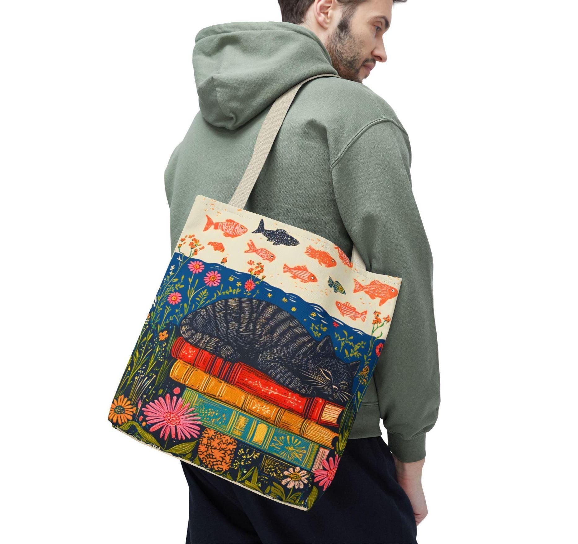 LELORESTORE Sleeping Black Cat Book Tote Bag 13in Floral Bookish Design