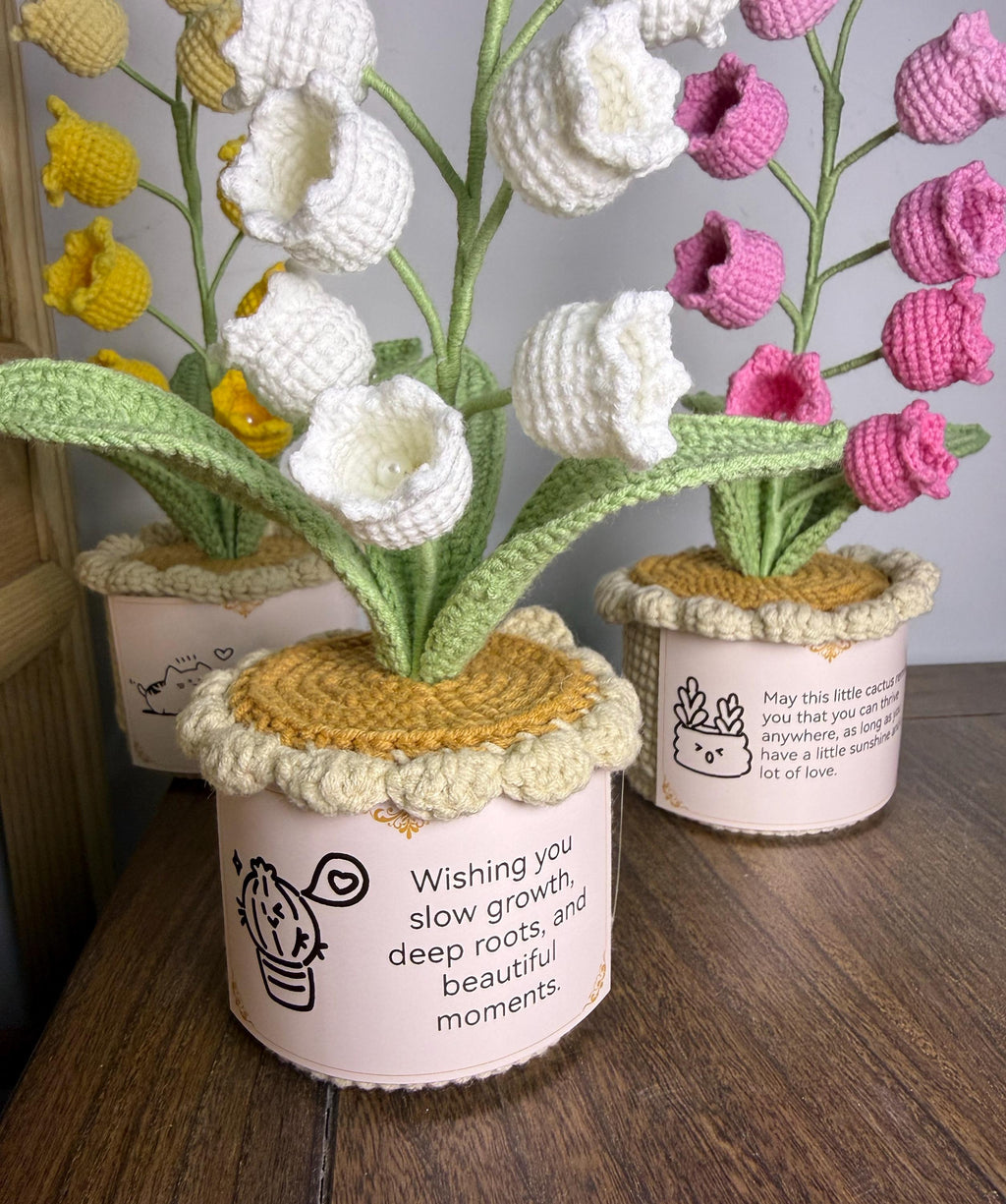 CrochetRecipe Crochet Lily of the Valley Potted Plant Lamp LED Table Light 10in White