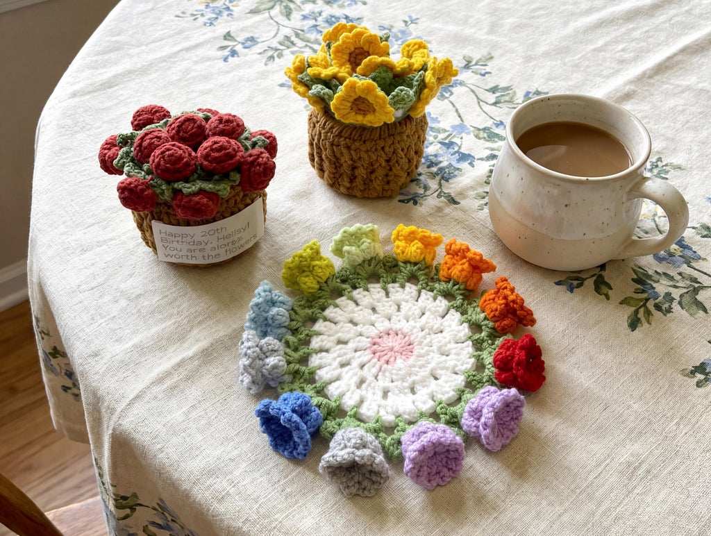 Handmade Crochet Flower Coaster Set with Basket Holder Cotton