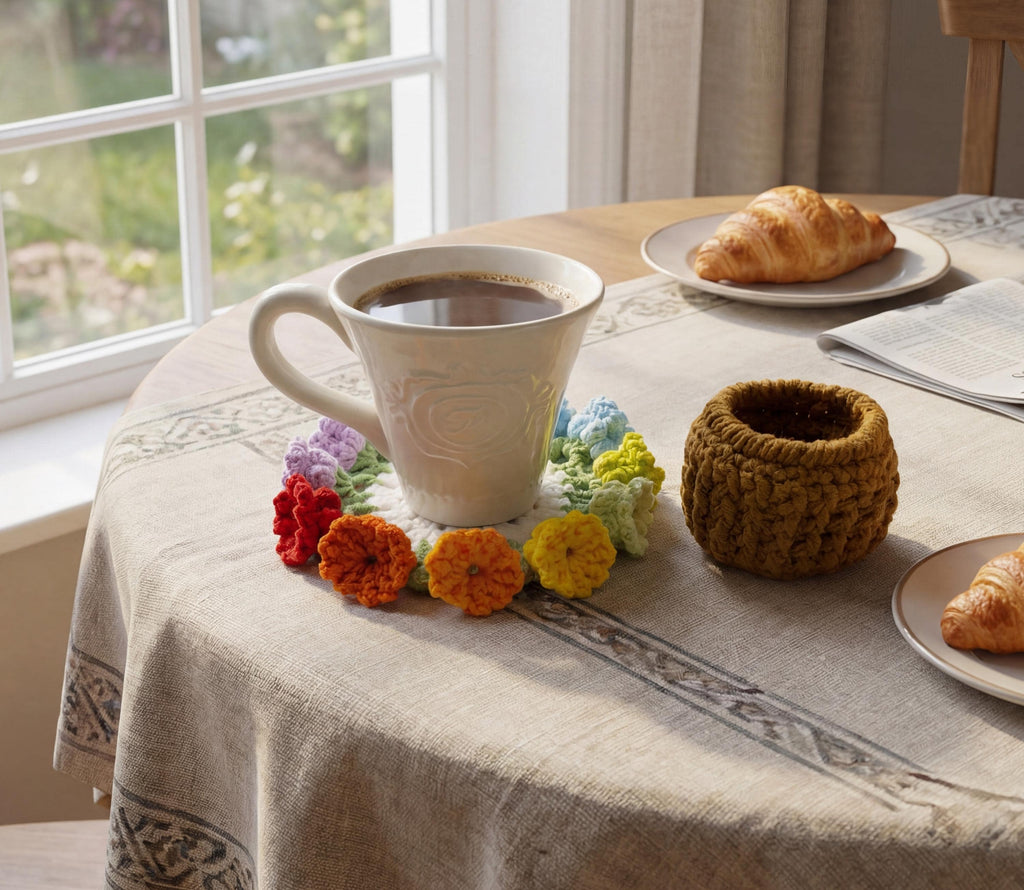 CrochetRecipe Handmade Crochet Flower Coaster Set With Basket Holder