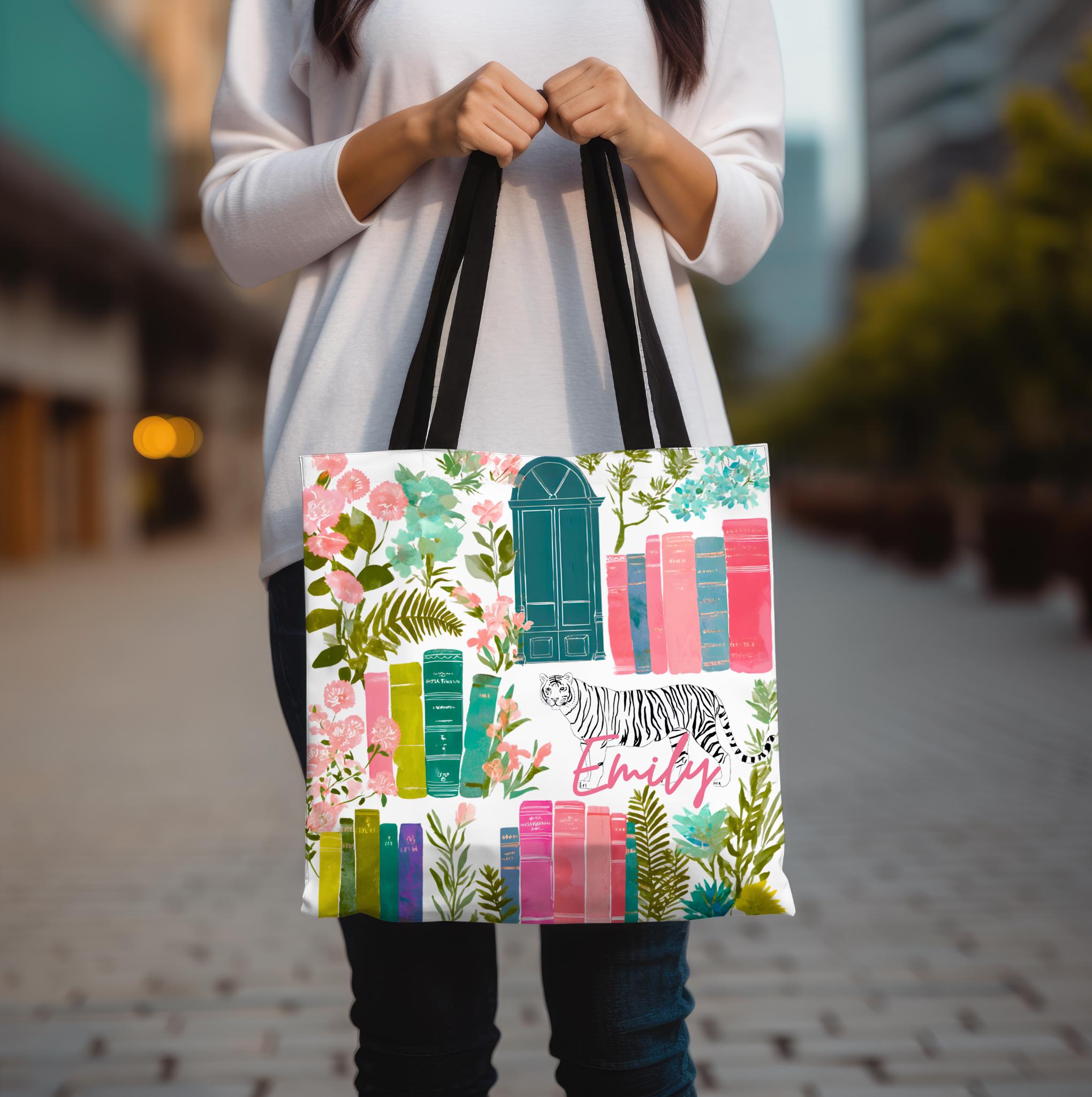 LELORESTORE Floral Bookshelf Custom Tote Bag Personalized Vintage Tiger