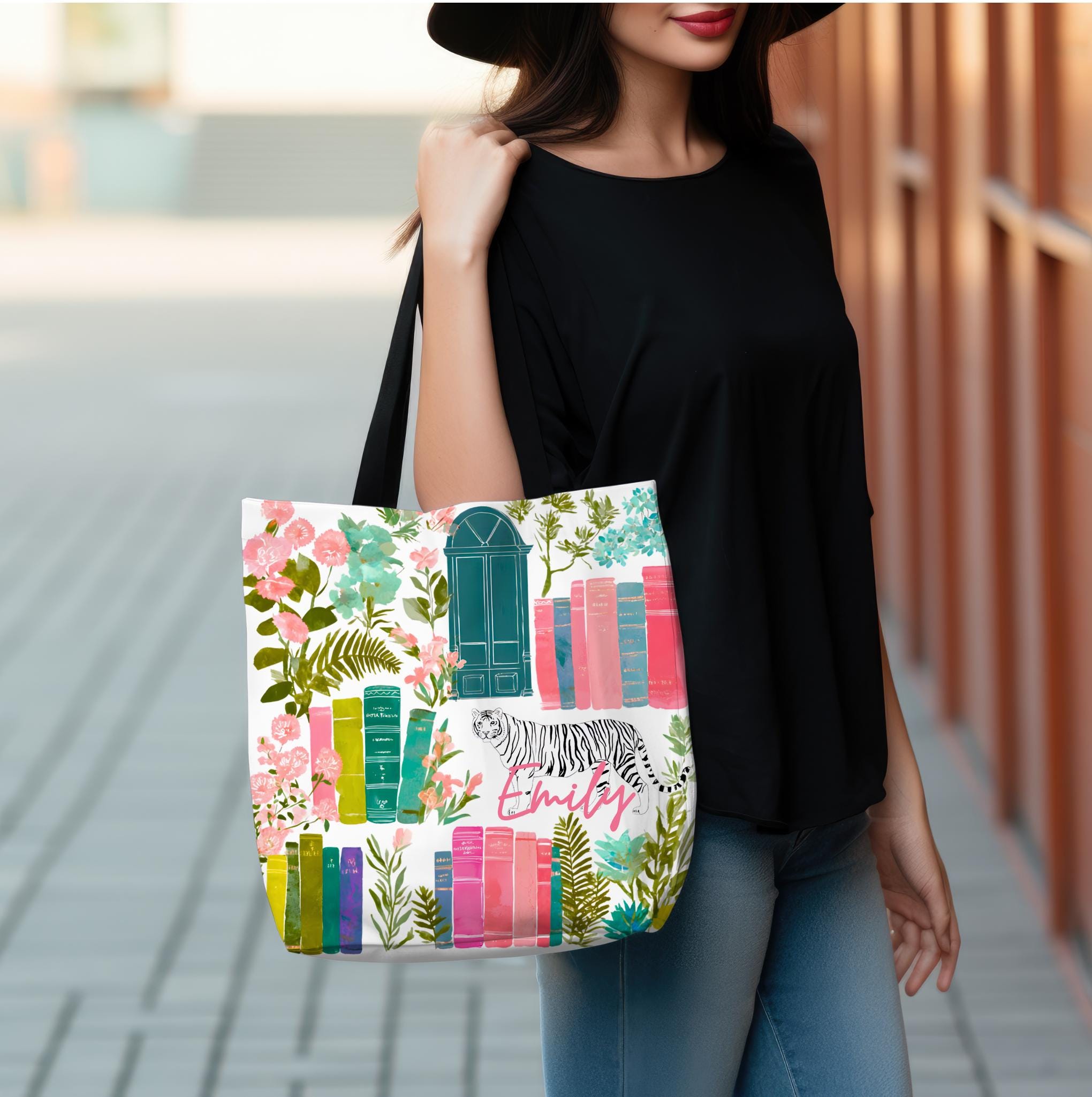 LELORESTORE Floral Bookshelf Custom Tote Bag Personalized Vintage Tiger