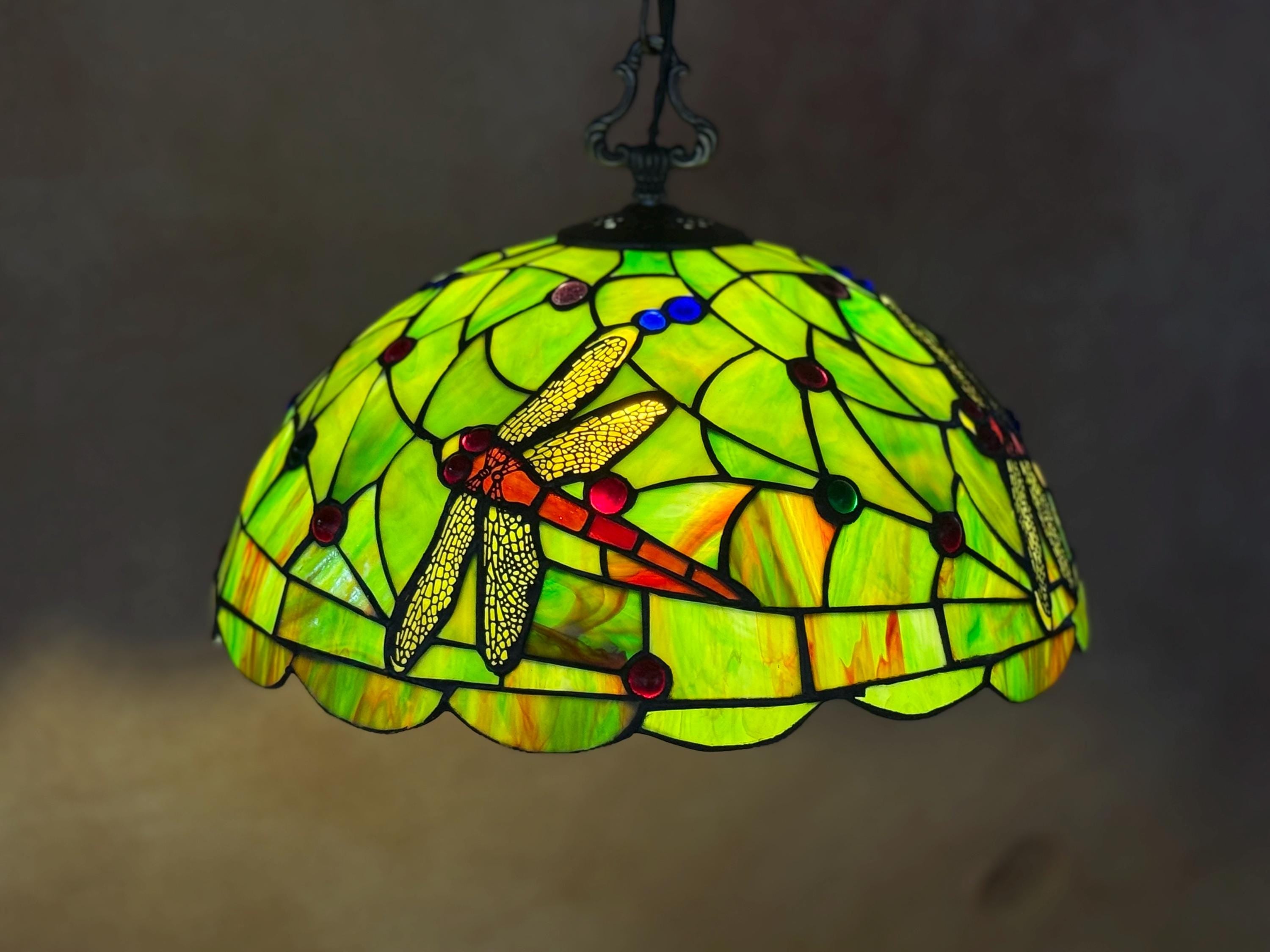 Scarlett Tiffany Dragonfly Stained Glass Pendant Lamp 14in Multicolor