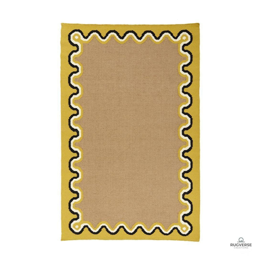 RugverseCreations Hand-Tufted Wool Area Rug Tan Yellow Scalloped Border