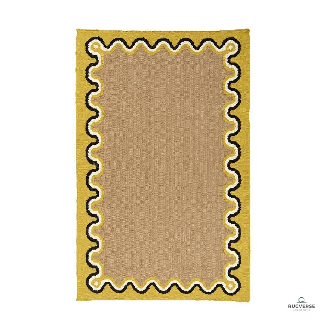 RugverseCreations Hand-Tufted Wool Area Rug Tan Yellow Scalloped Border