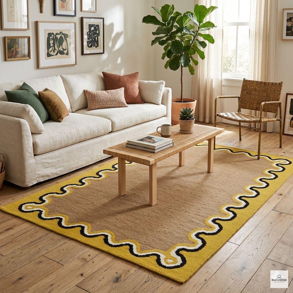 RugverseCreations Hand-Tufted Wool Area Rug Tan Yellow Scalloped Border