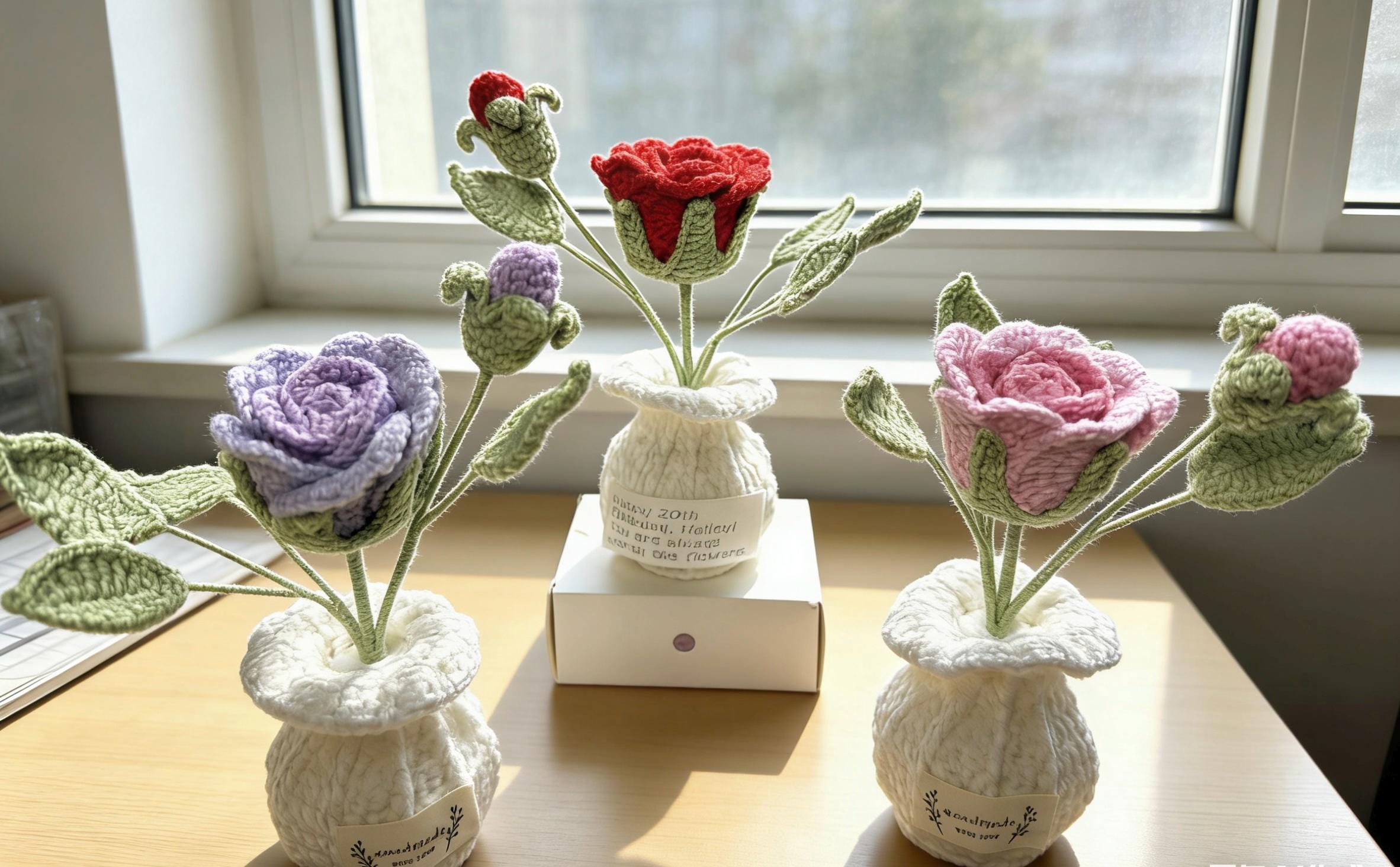 CrochetRecipe Handmade Crochet Rose Bouquet Vase Personalized Gift 7in