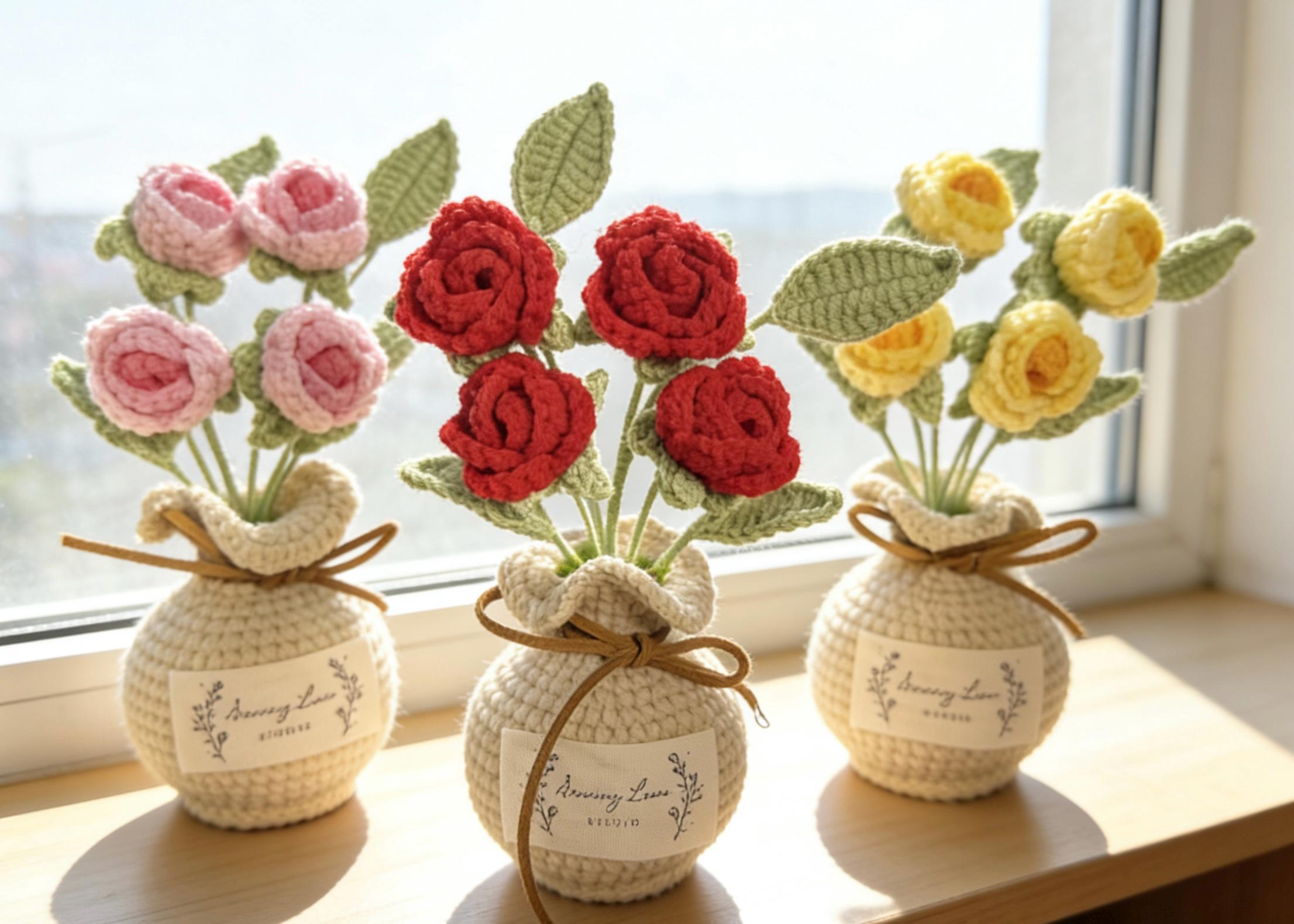 CrochetRecipe Handmade Crochet Rose Bouquet Vase Personalized Gift 7in
