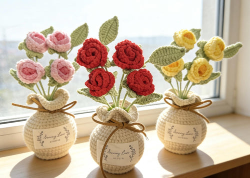 CrochetRecipe Handmade Crochet Rose Bouquet Vase Personalized Gift 7in