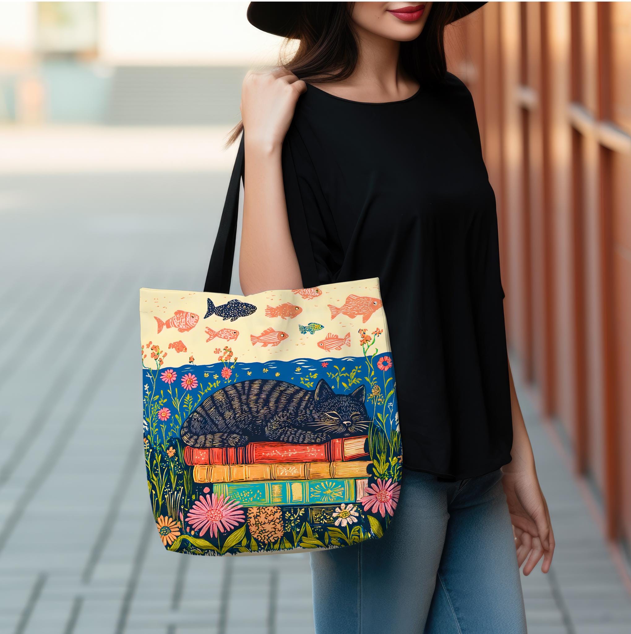 LELORESTORE Sleeping Black Cat Book Tote Bag 13in Floral Bookish Design