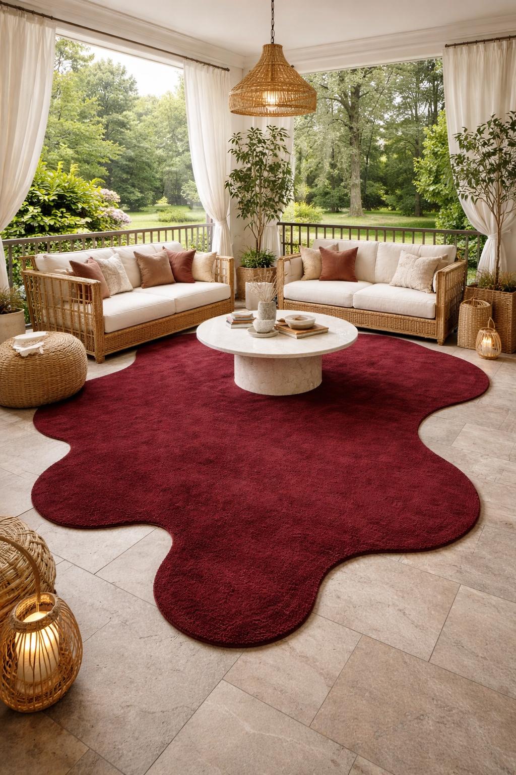 RugverseCreations Hand-Tufted Wool Area Rug Burgundy Amoeba Shape