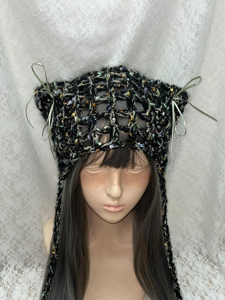 StellarPride Handcrafted Black Cat Ears Cap Gold-Accent Lace