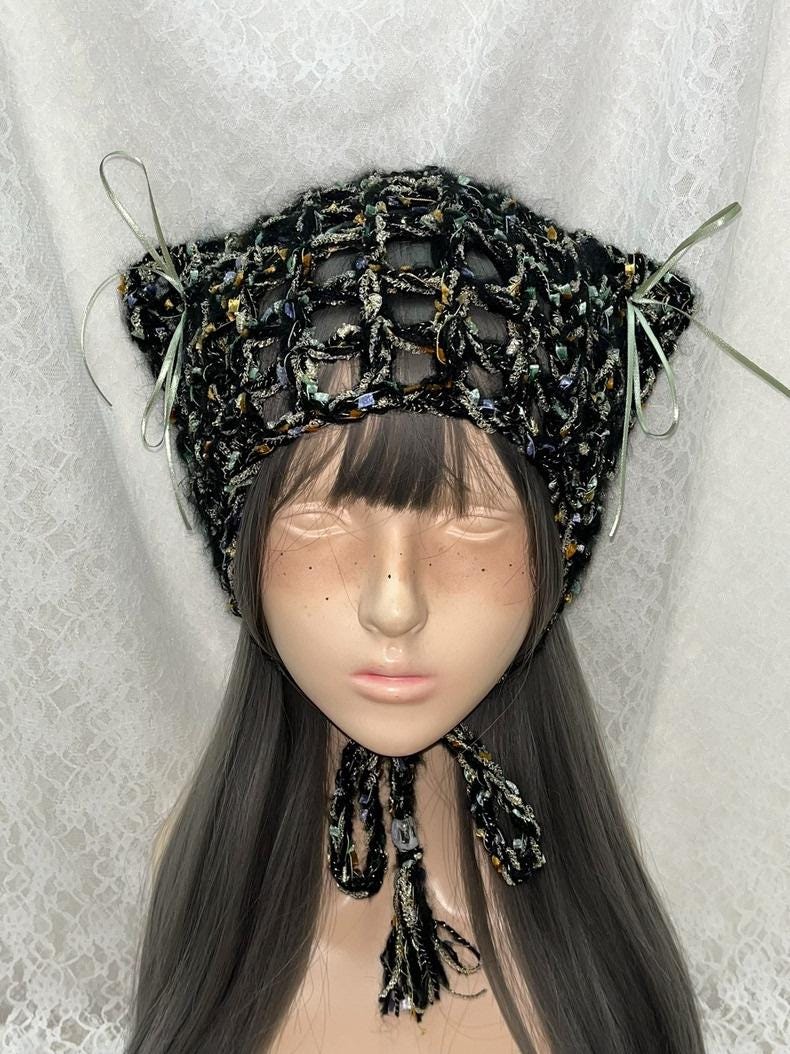 StellarPride Handcrafted Black Cat Ears Cap Gold-Accent Lace