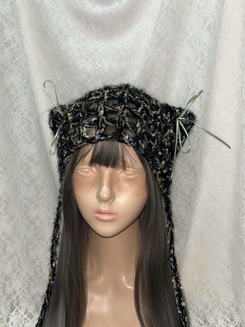 StellarPride Handcrafted Black Cat Ears Cap Gold-Accent Lace