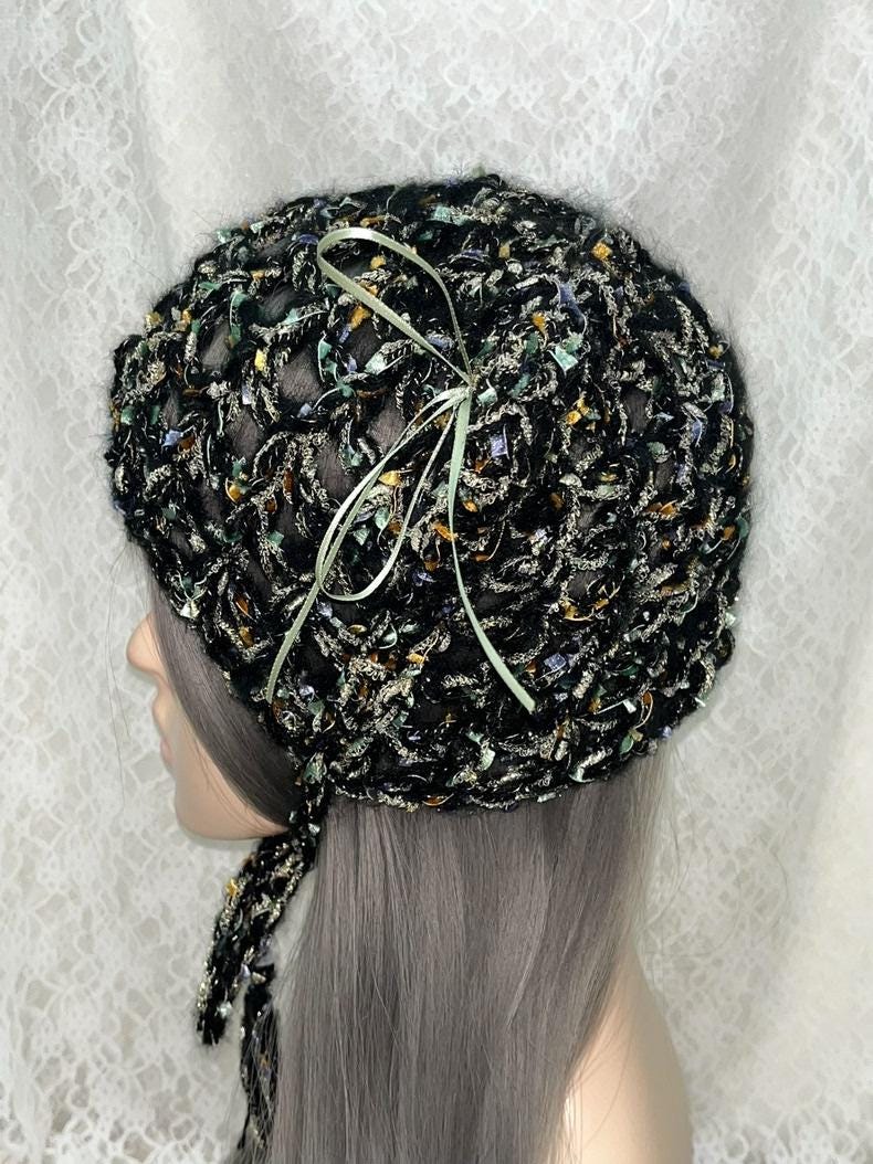 StellarPride Handcrafted Black Cat Ears Cap Gold-Accent Lace