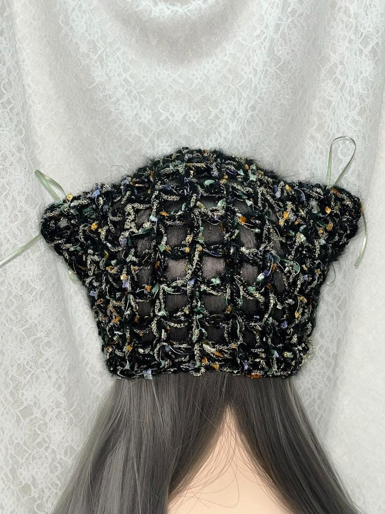 StellarPride Handcrafted Black Cat Ears Cap Gold-Accent Lace