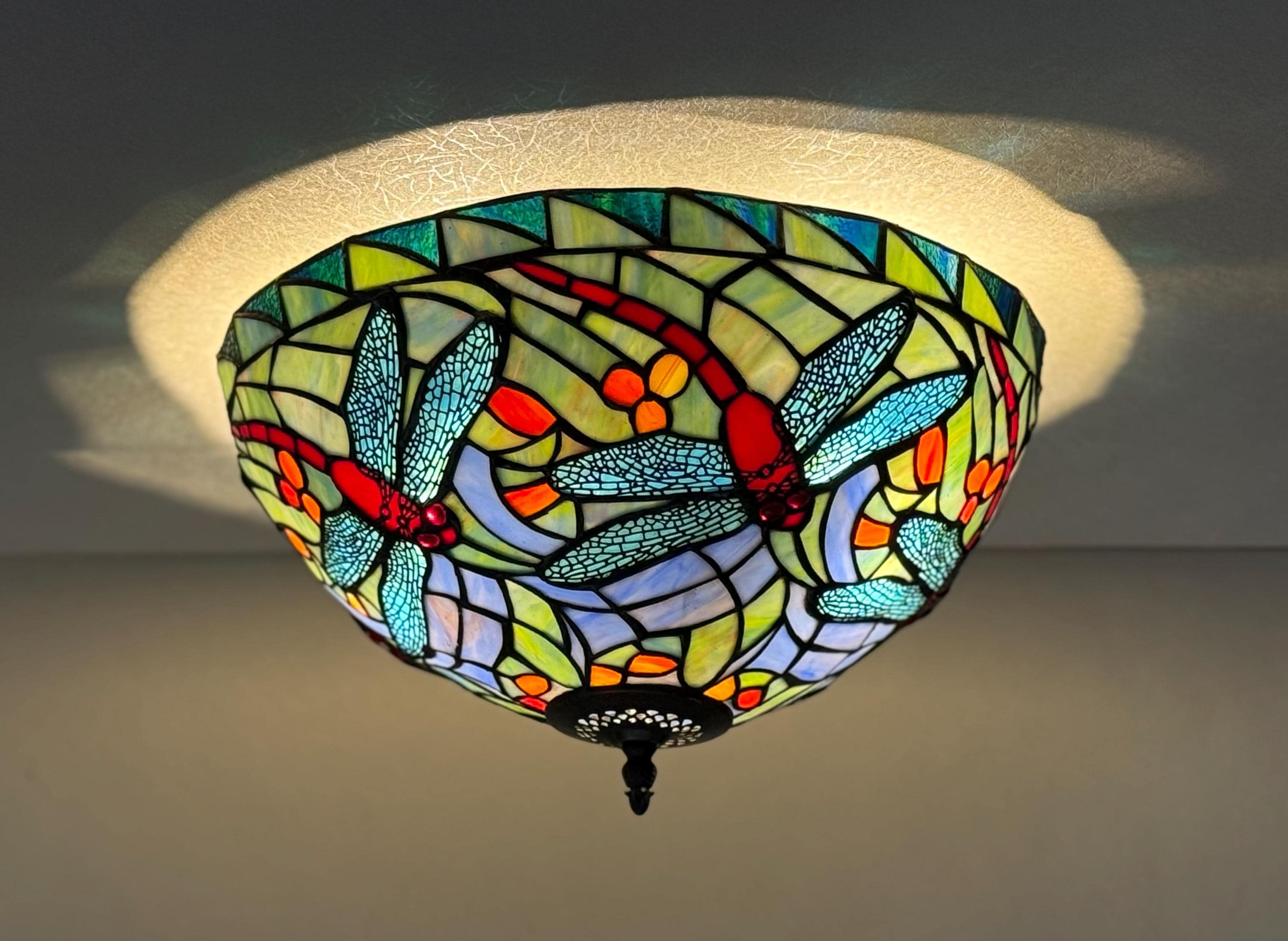 U2Antique Floral Dragonfly Tiffany Flush Mount Ceiling Lamp 14in
