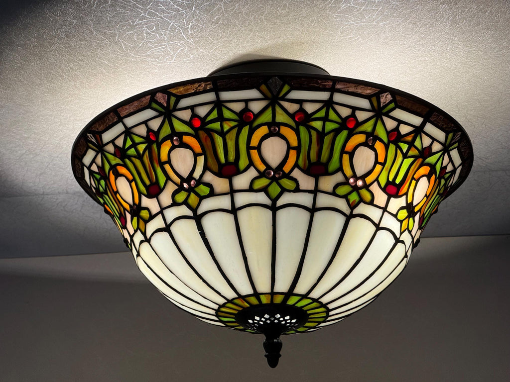 U2Antique Floral Dragonfly Tiffany Flush Mount Ceiling Lamp 14in