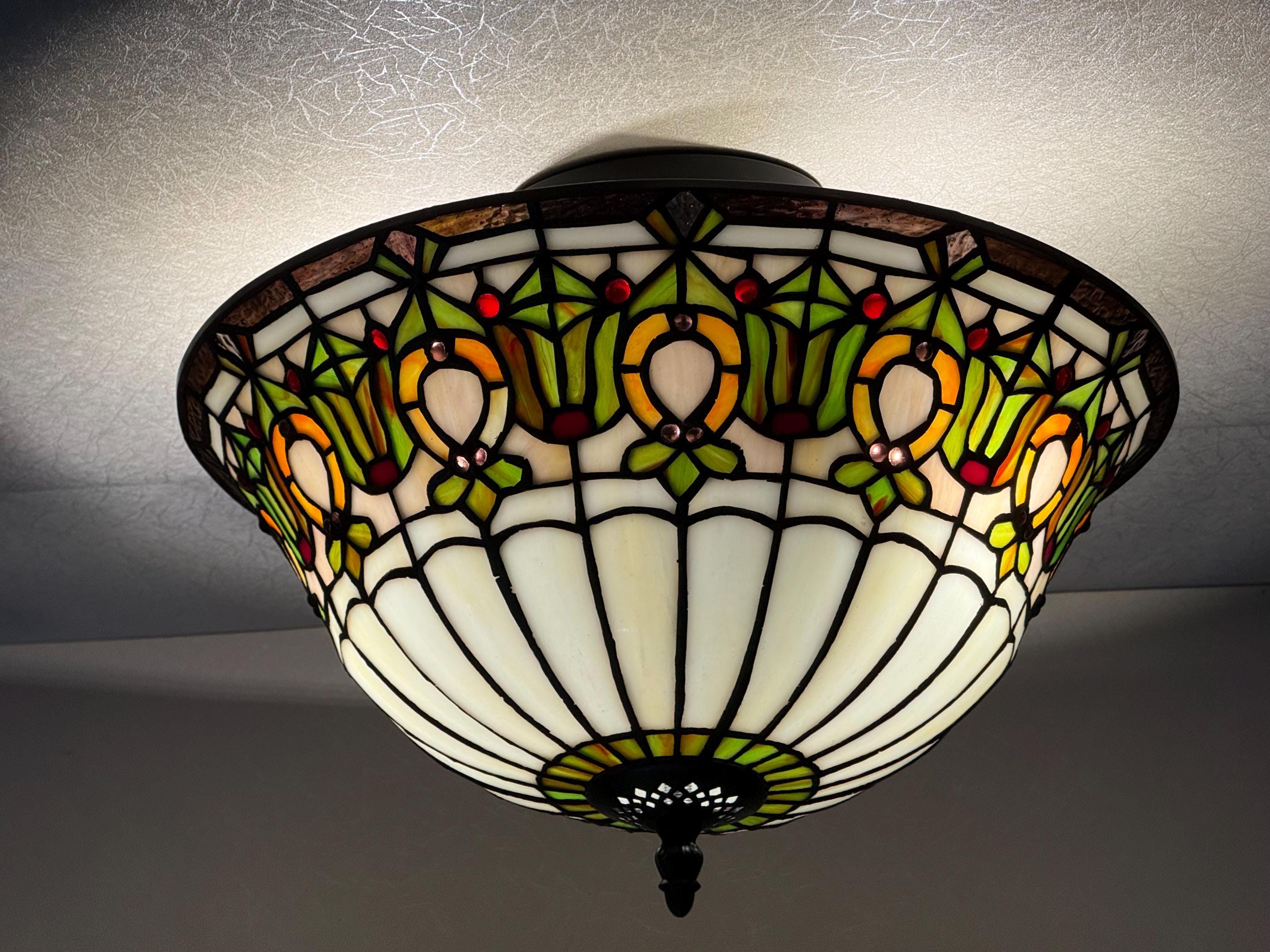 U2Antique Floral Dragonfly Tiffany Flush Mount Ceiling Lamp 14in
