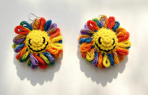 CrochetRecipe Handmade Crochet Dangle Statement Earrings Colorful Flower Star Evil Eye