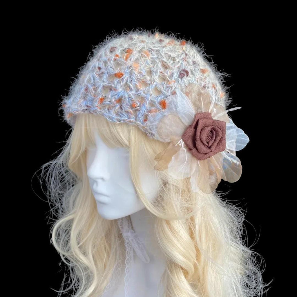 Vintage Rose Crochet Hat with Soft Textural Floral Accent