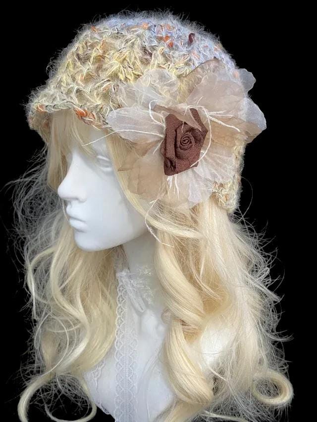 Vintage Rose Crochet Hat with Soft Textural Floral Accent