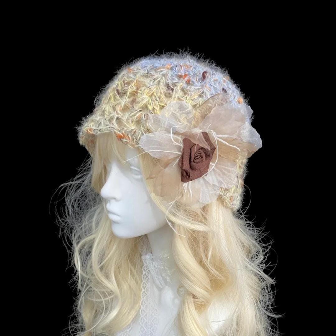 Vintage Rose Crochet Hat with Soft Textural Floral Accent