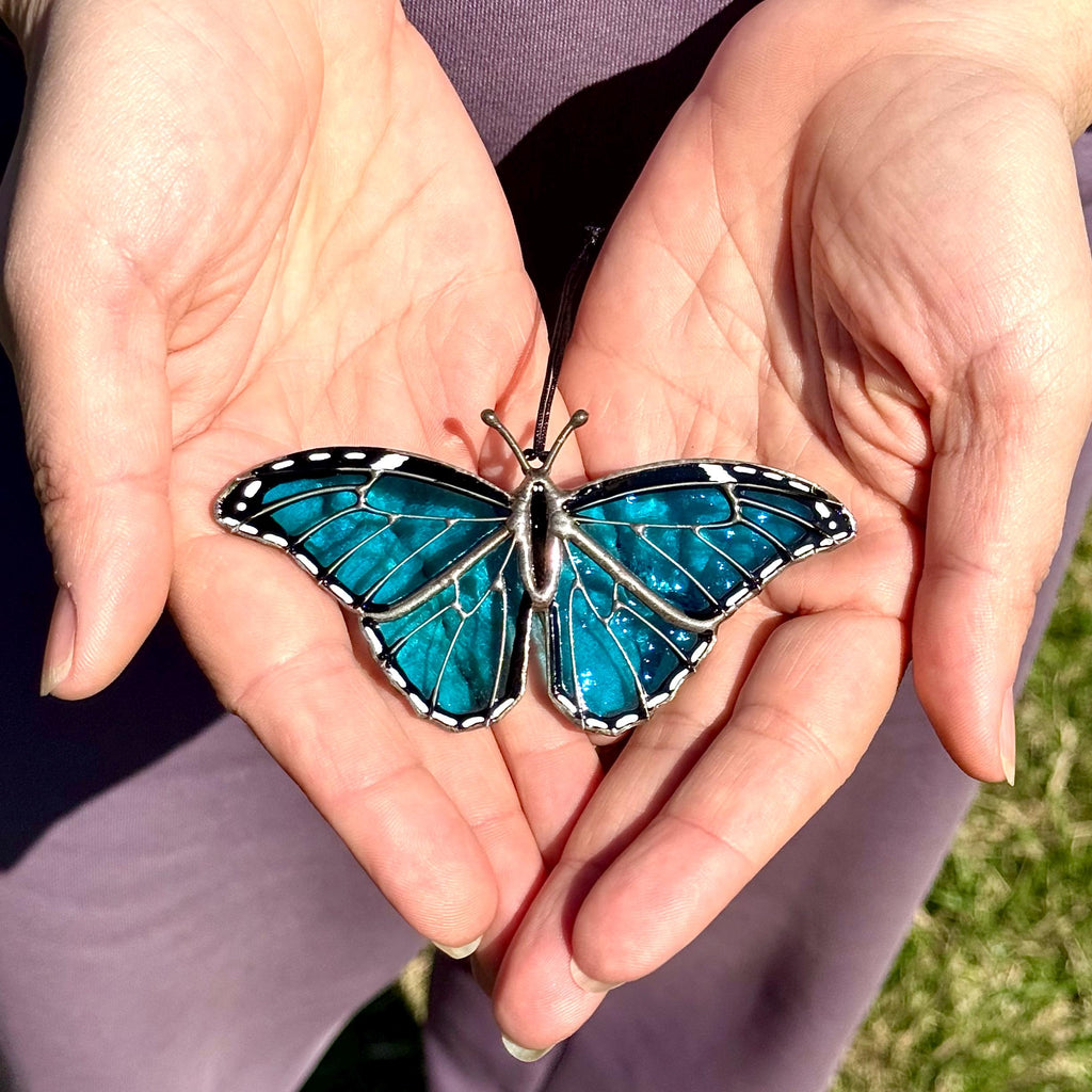 SunStainedGlassUA Mini Blue Morpho Stained Glass Suncatcher