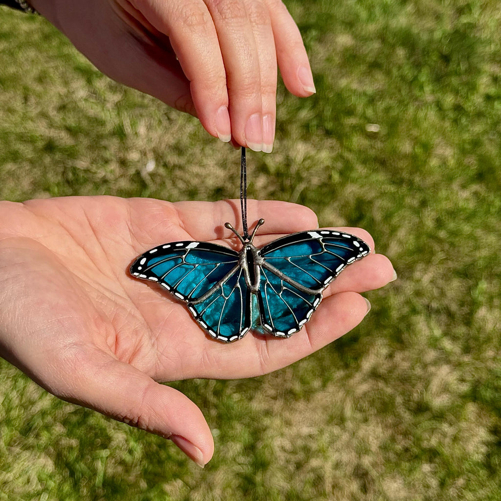 SunStainedGlassUA Mini Blue Morpho Stained Glass Suncatcher