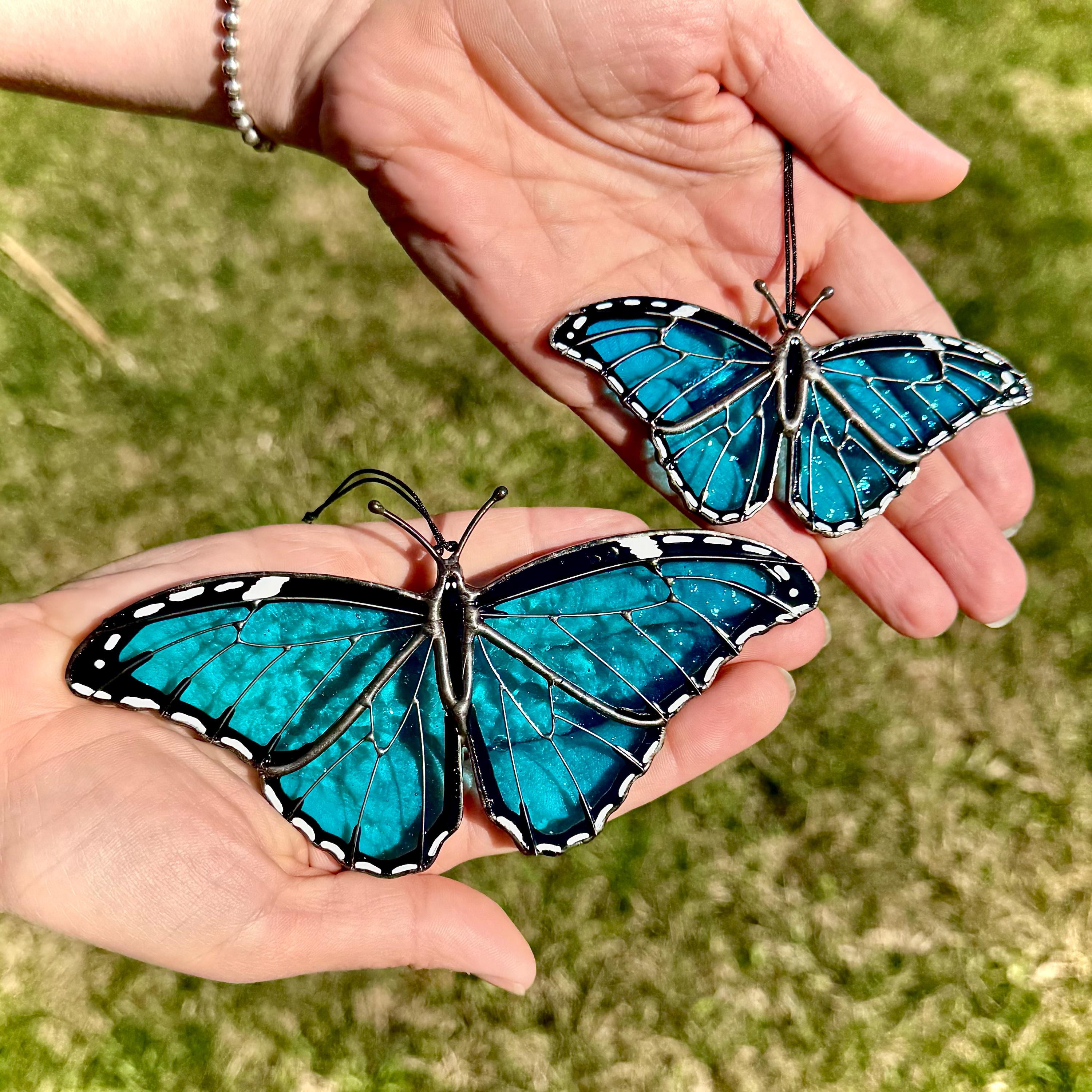 SunStainedGlassUA Mini Blue Morpho Stained Glass Suncatcher