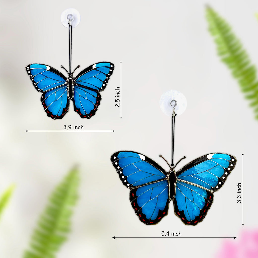 SunStainedGlassUA Mini Peleides Blue Morpho Handmade Stained Glass Suncatcher