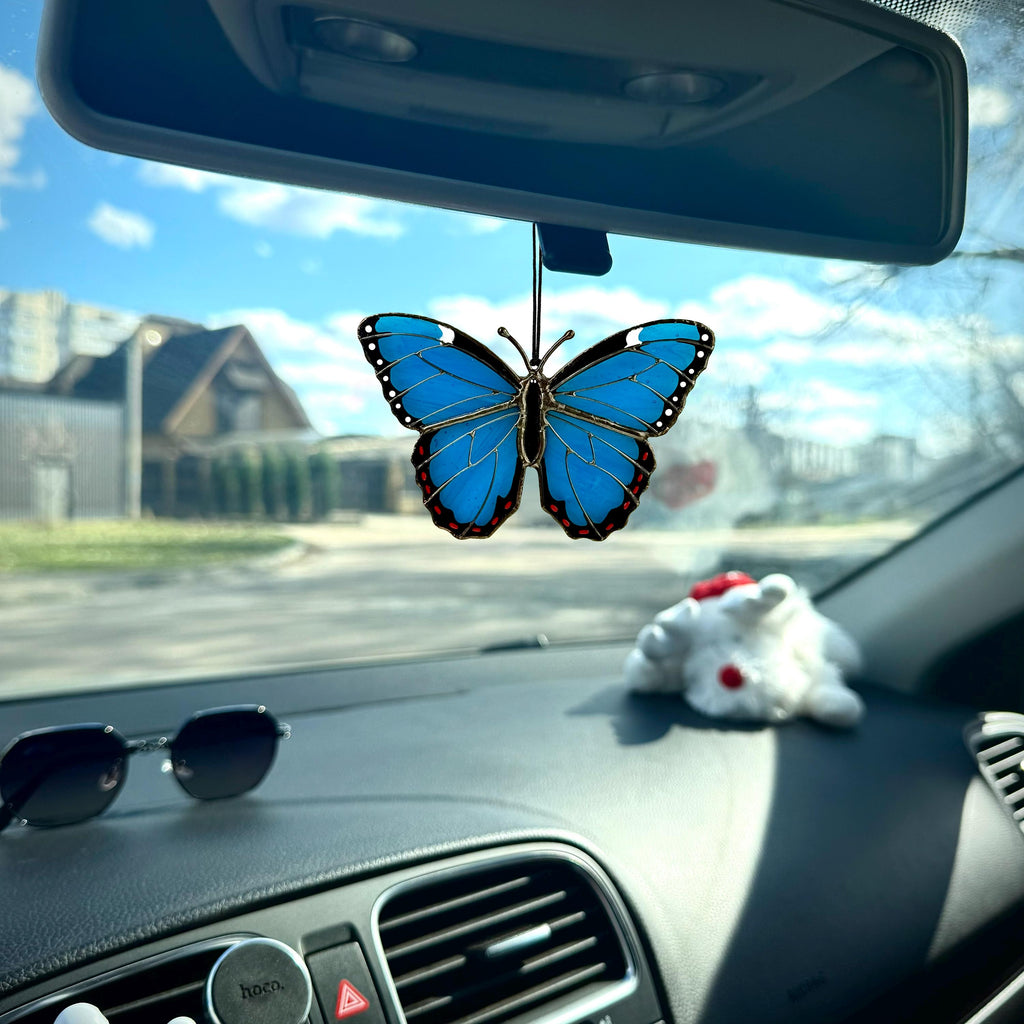 SunStainedGlassUA Mini Peleides Blue Morpho Handmade Stained Glass Suncatcher