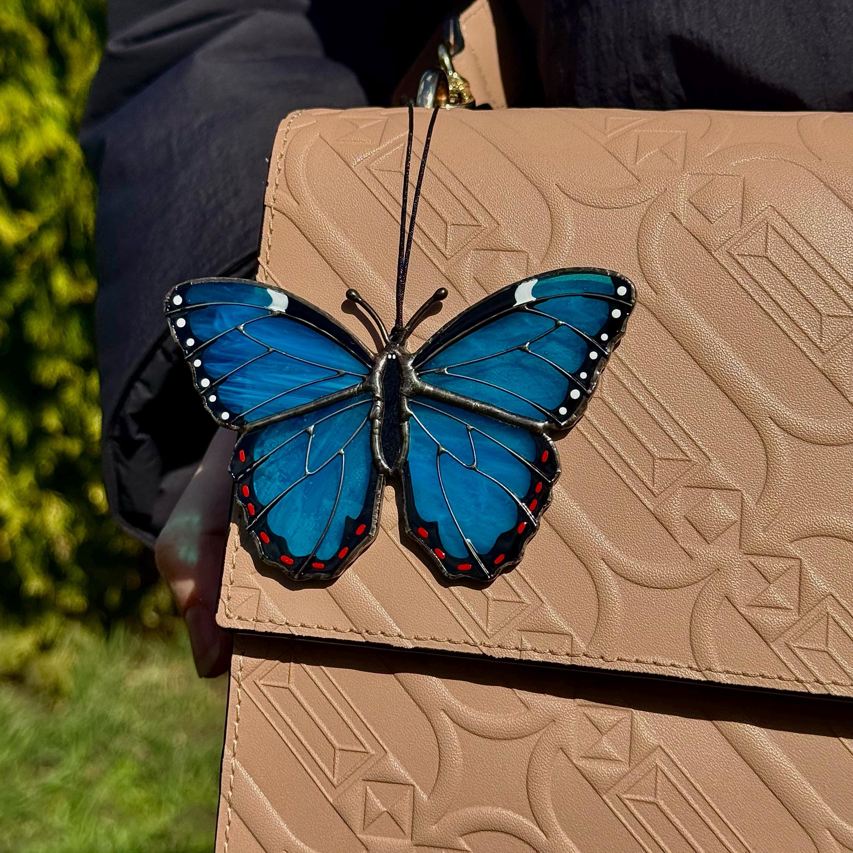 SunStainedGlassUA Mini Peleides Blue Morpho Handmade Stained Glass Suncatcher