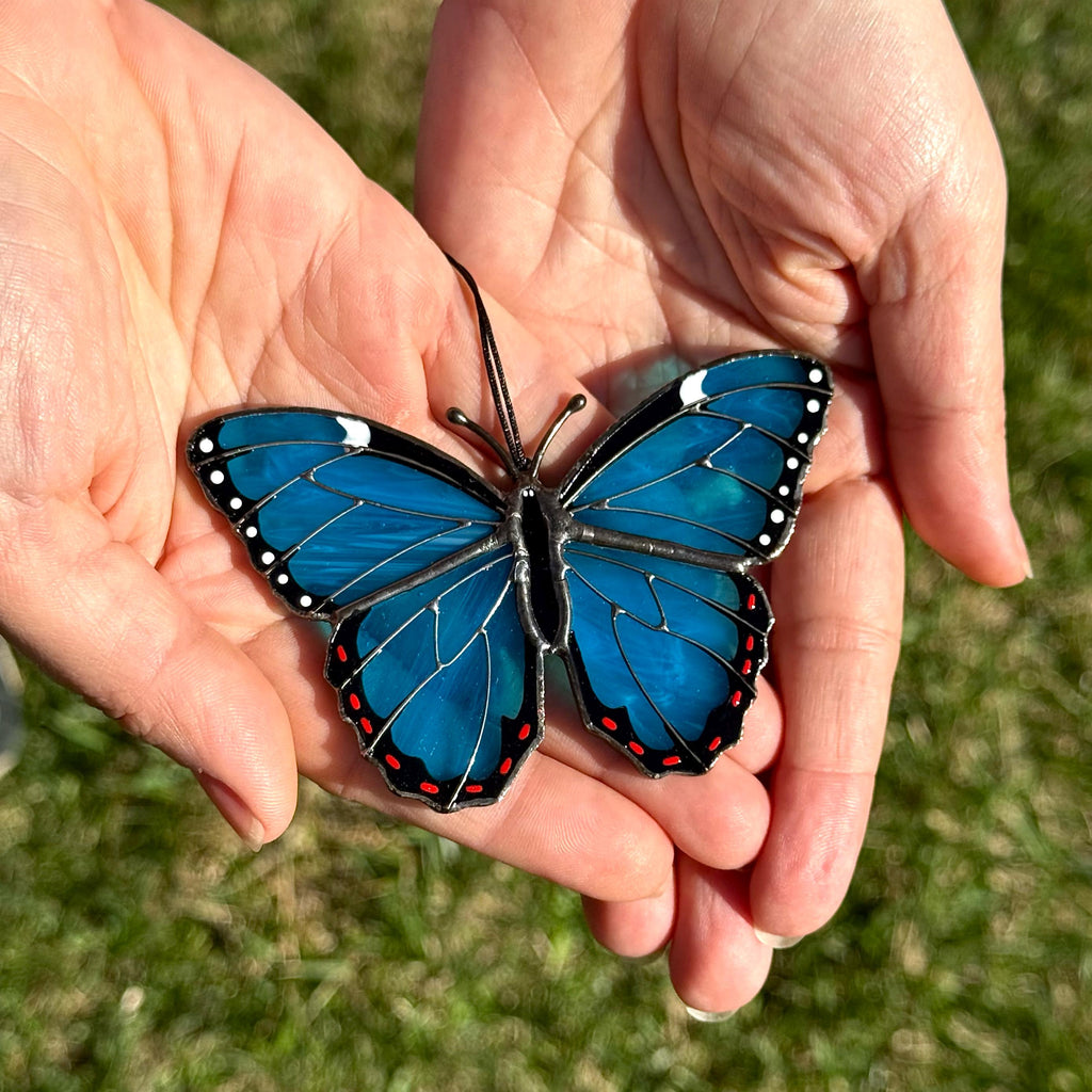 SunStainedGlassUA Mini Peleides Blue Morpho Handmade Stained Glass Suncatcher