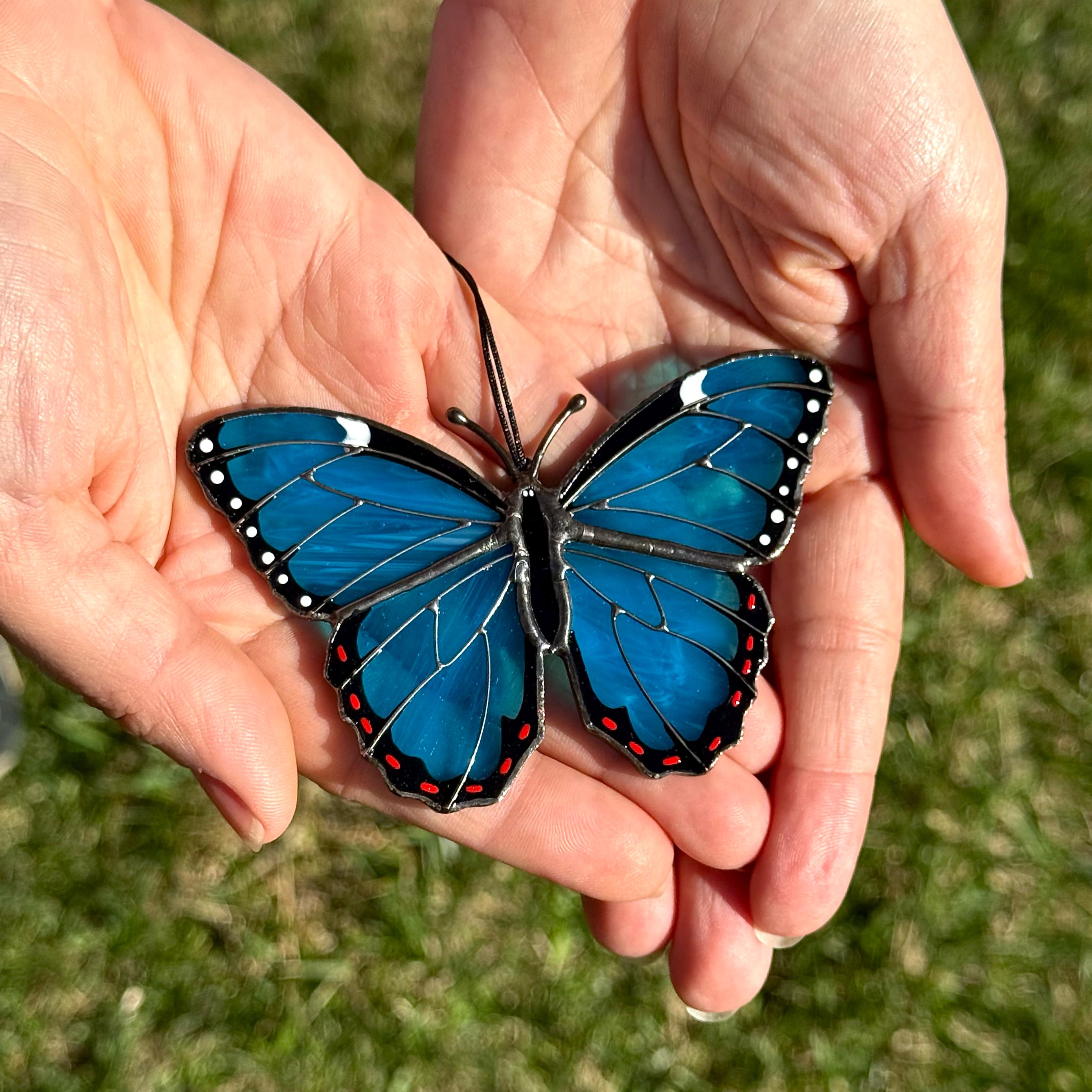 SunStainedGlassUA Mini Peleides Blue Morpho Handmade Stained Glass Suncatcher