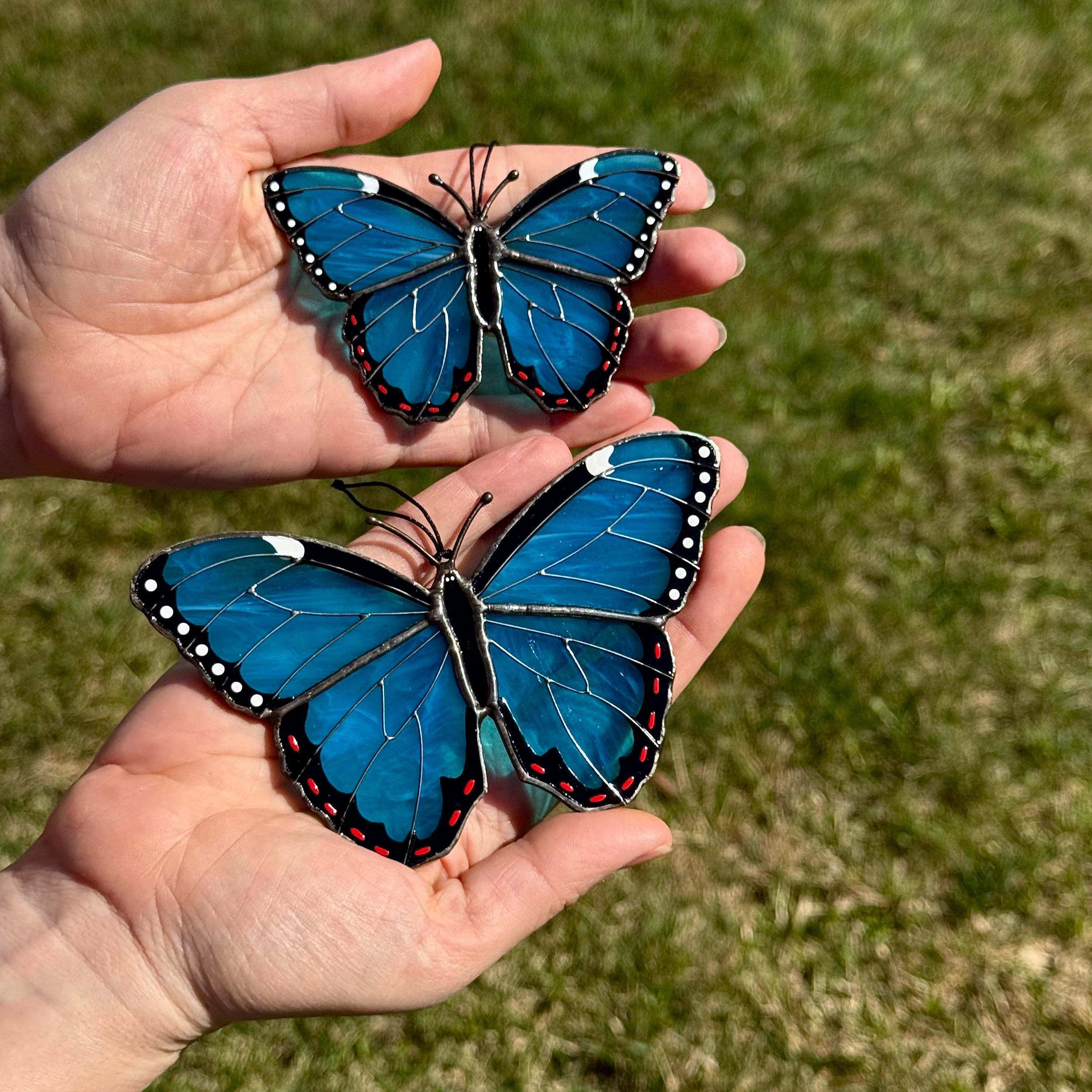 SunStainedGlassUA Mini Peleides Blue Morpho Handmade Stained Glass Suncatcher