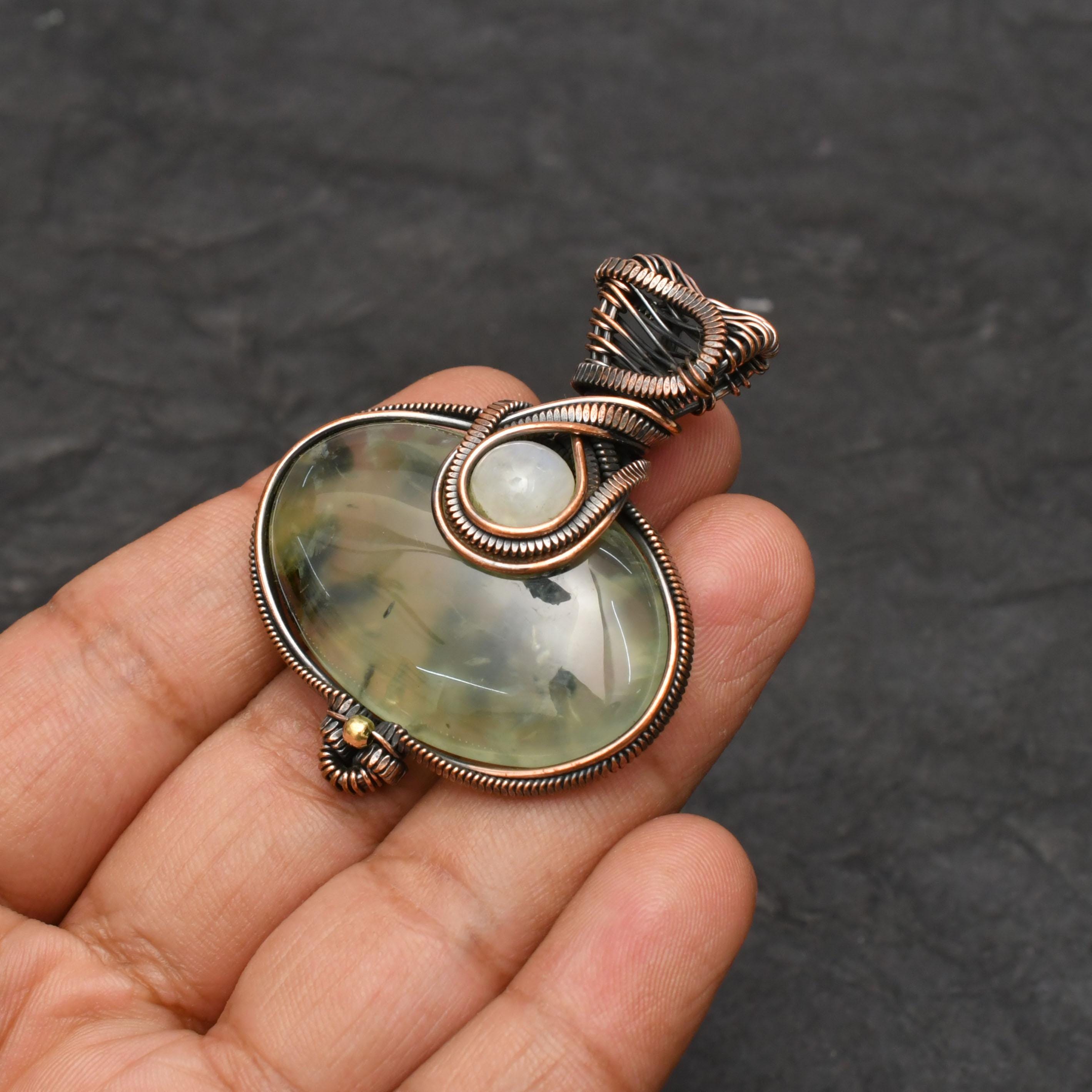EkkJewels Handmade Copper Wire Wrapped Prehnite Pendant Necklace