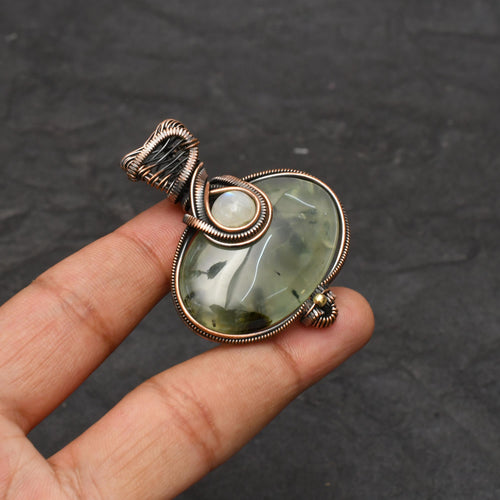 EkkJewels Handmade Copper Wire Wrapped Prehnite Pendant Necklace