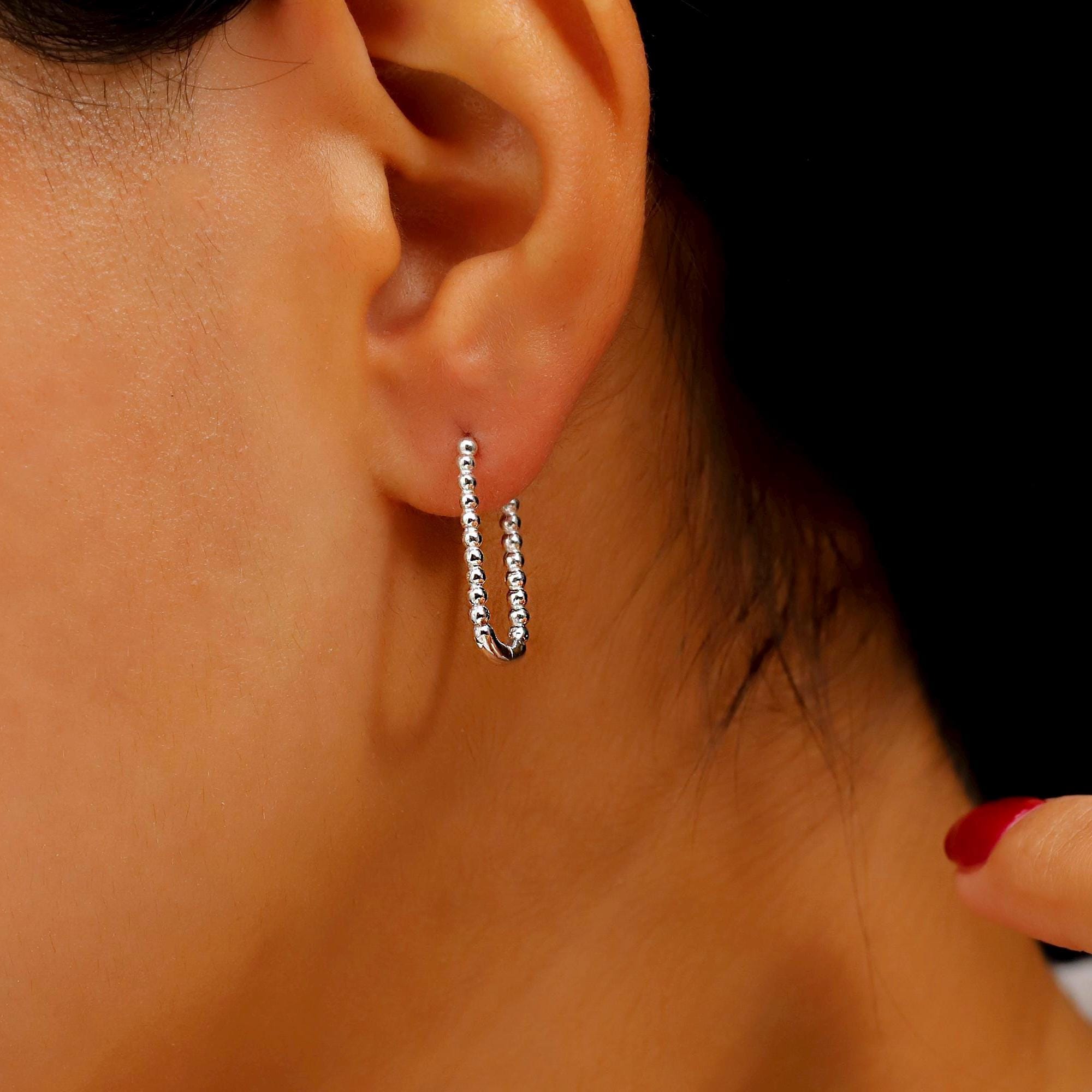SilverGoldandRose Beaded Ball Rectangle Huggie Hoop Earrings
