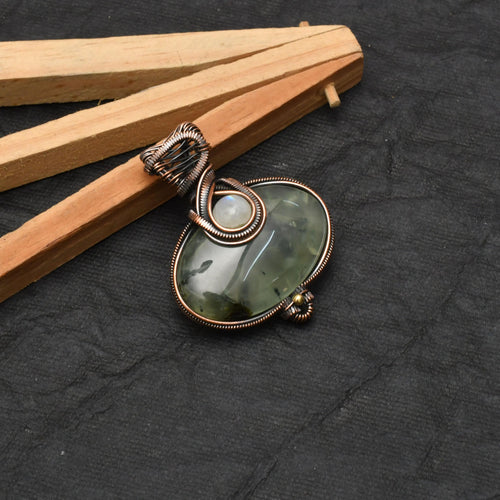 EkkJewels Handmade Copper Wire Wrapped Prehnite Pendant Necklace