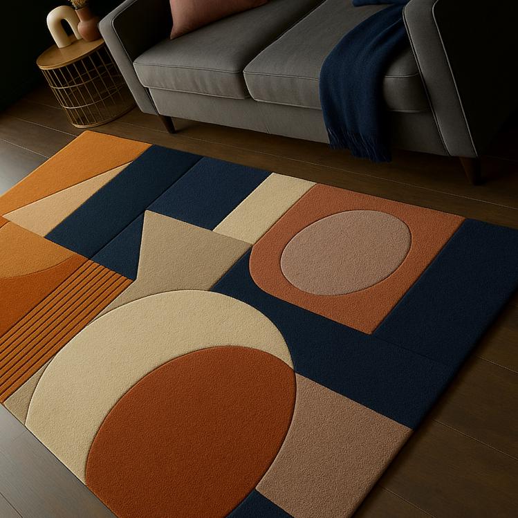RugverseCreations Hand Tufted Geometric Area Rug Burnt Orange Navy Blue 3D Texture