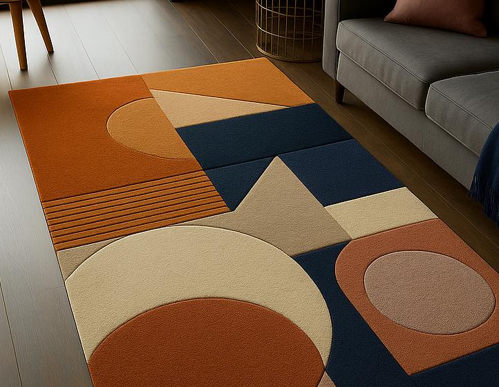 RugverseCreations Hand Tufted Geometric Area Rug Burnt Orange Navy Blue 3D Texture