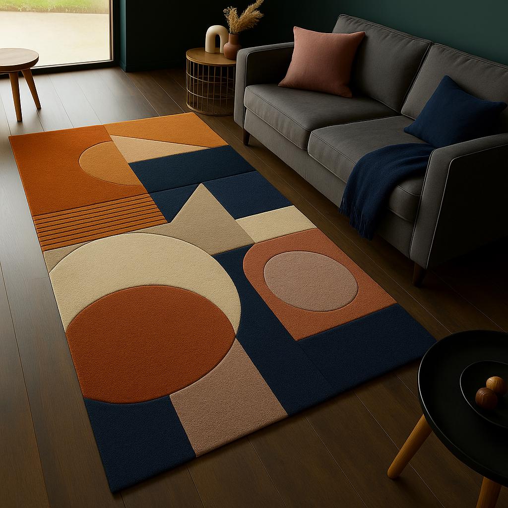RugverseCreations Hand Tufted Geometric Area Rug Burnt Orange Navy Blue 3D Texture