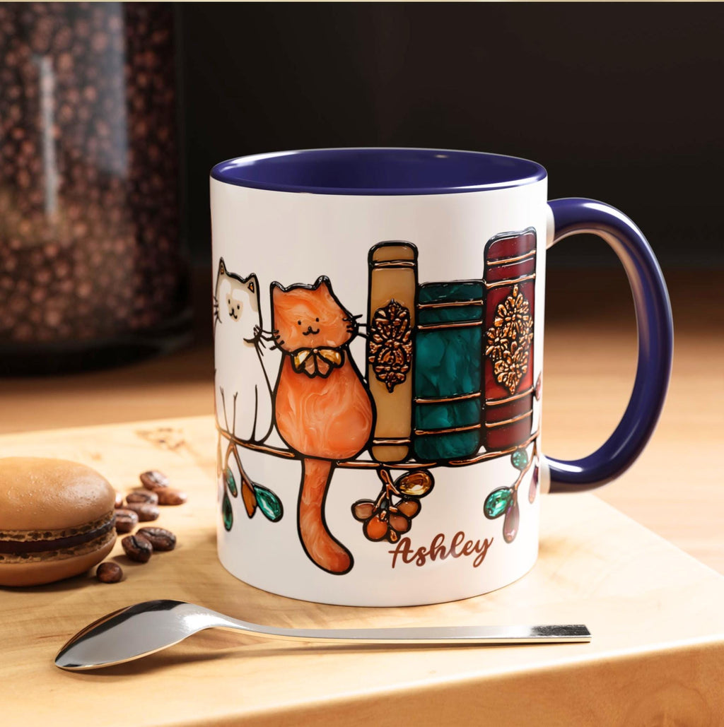 LELORESTORE Bookish Cat Mug Faux Stained Glass Bookshelf Ceramic