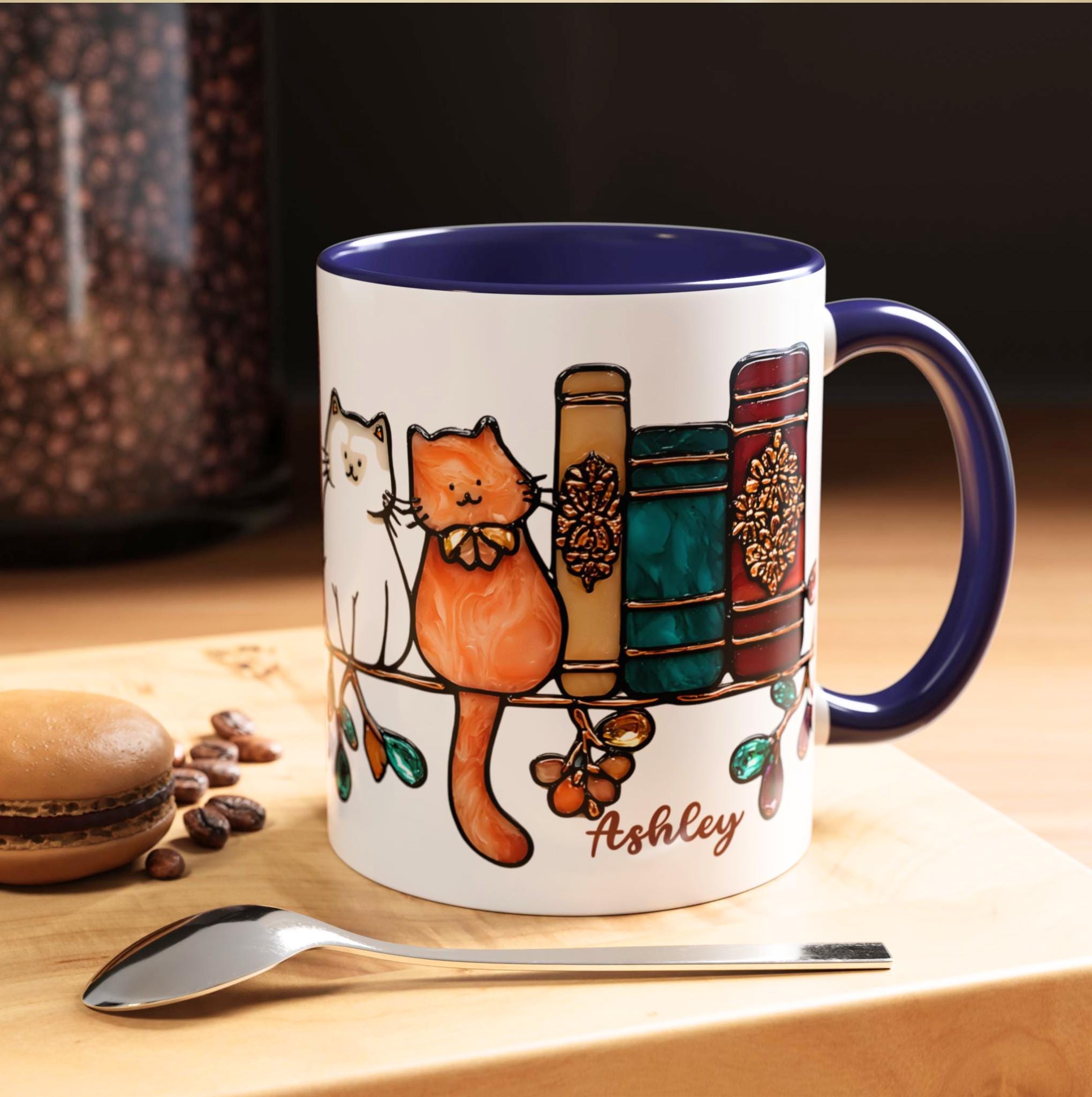 LELORESTORE Bookish Cat Mug Faux Stained Glass Bookshelf Ceramic