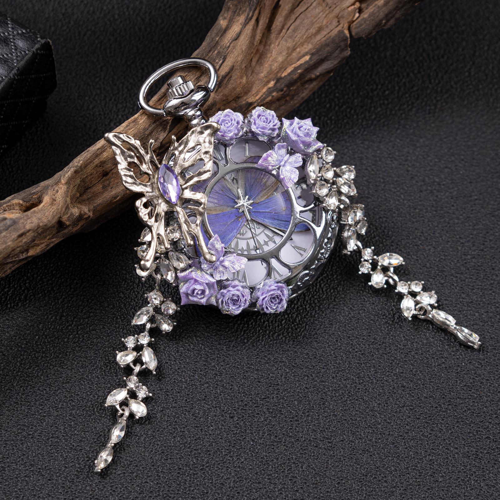 Oryeia Handmade Purple Butterfly Specimen Pocket Watch Necklace